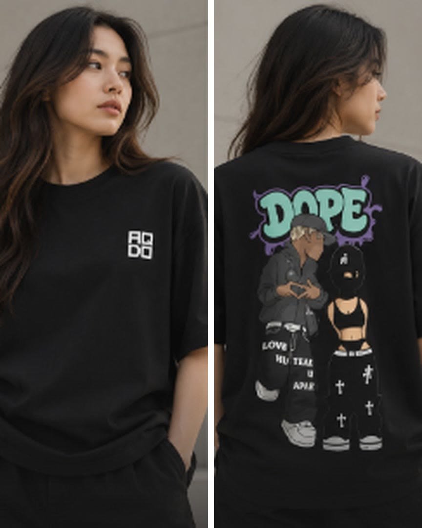 A model in the black Aquadoir DOPE T-shirt, front with the AQDO mark and back with the DOPE print
